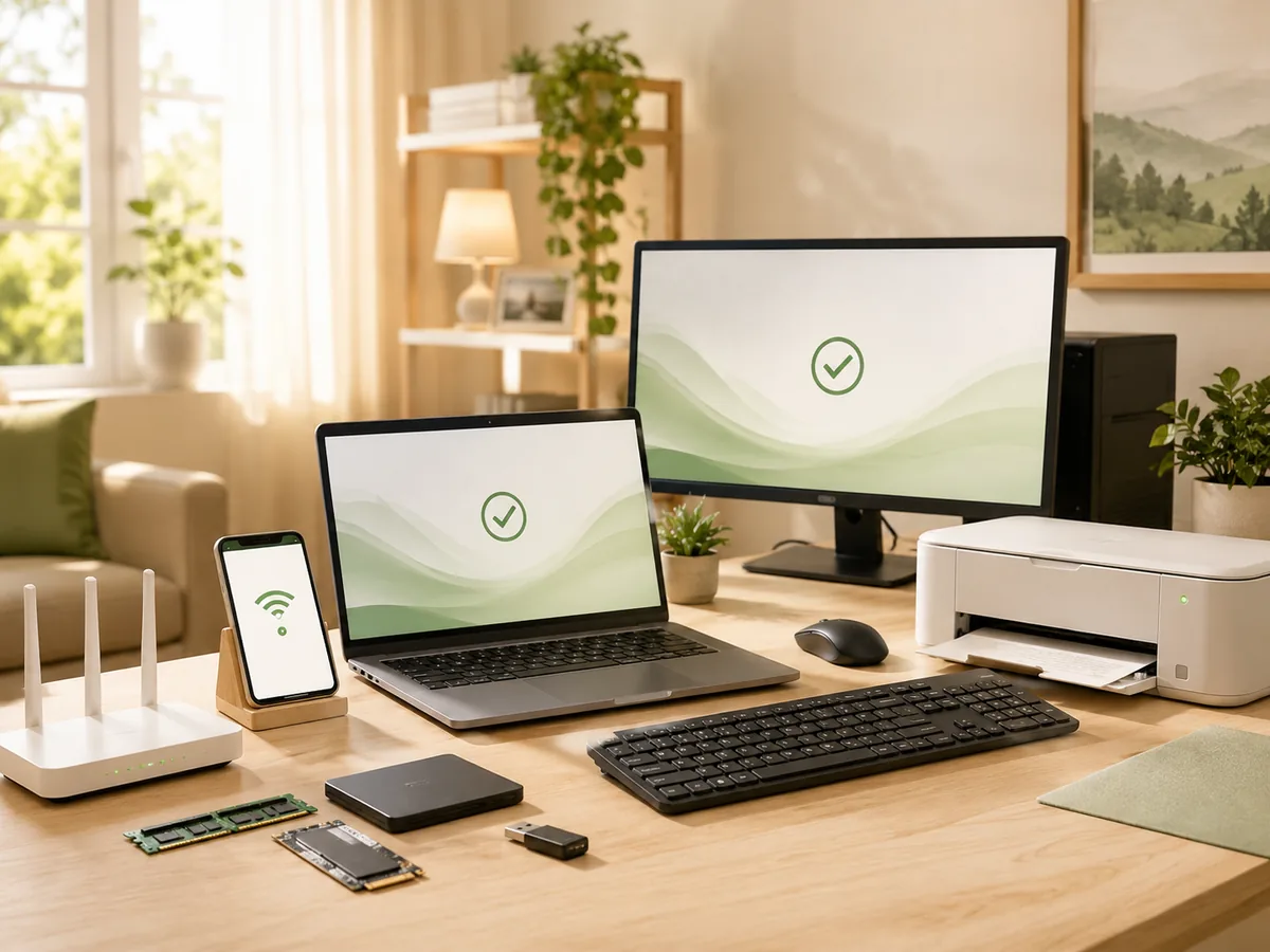 Otthoni IT eszközök laptop, monitor, router, telefon és nyomtató segítséghez